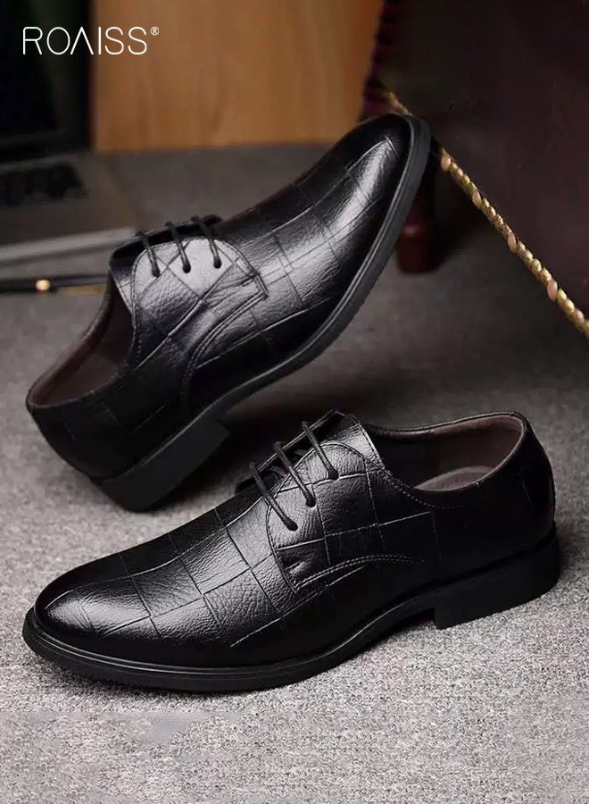 roaiss Men's Pointed Toe Leather Shoes Lace-Up Dress Shoes Formal Style Daily Comfort Breathable Durable for Business Casual Wear and Perfectly Suited for Weddings and Special Occasions Black Plaid Shoes - Image 1